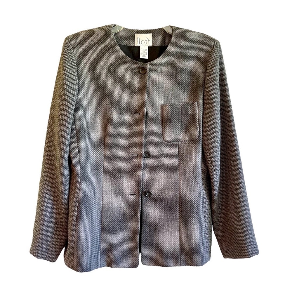 ANN TAYLOR LOFT, WOMENS GREY DRESS JACKET. LONG SLEEVE, ROUND NECK. SIZE 8